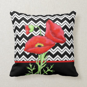 Red Poppy Black White Zigzag Chevron Decorative Cushion
