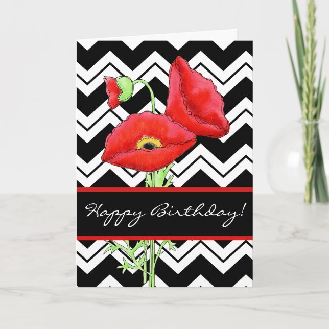 Red Poppy Black & White Zizzag Chevron Birthday Card (Front)