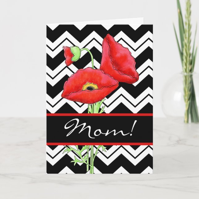 Red Poppy Black & White Zizzag Mother Day Card (Front)