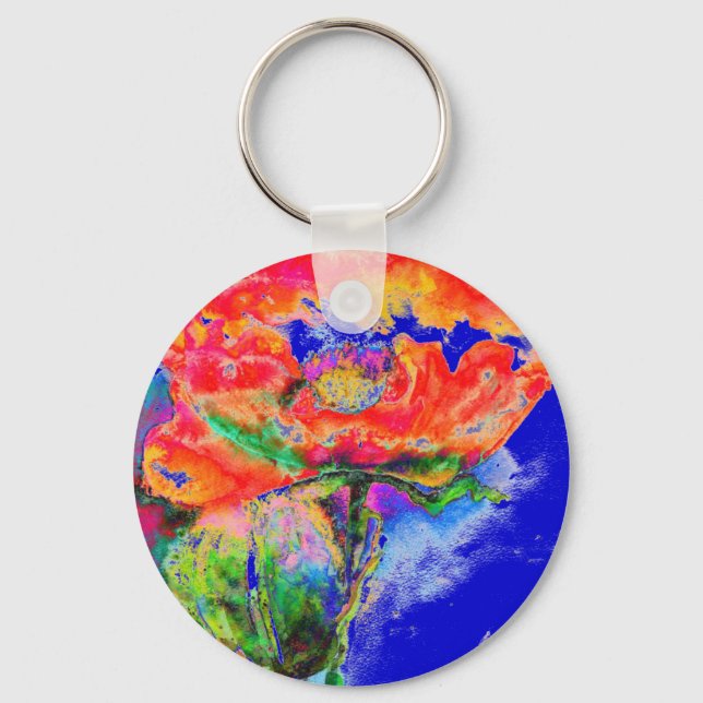 Red Poppy - blue background Key Ring (Front)