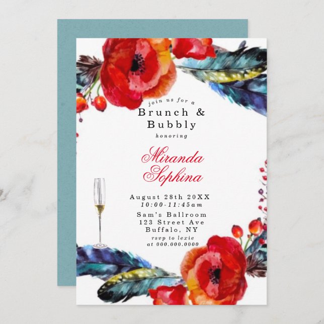 Red Poppy Boho Feathers Brunch & Bubbly Invite (Front/Back)