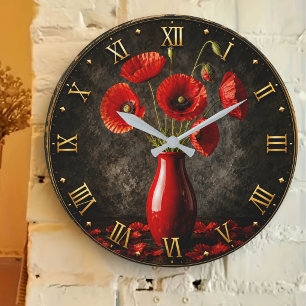 Red Poppy Bouquet Elegant Crimson Floral Vase Large Clock