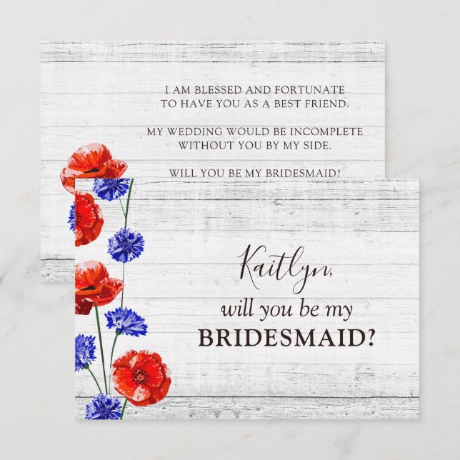 Red Poppy Cornflower Rustic Bridal Party Proposal Invitation (Front/Back)