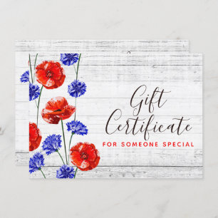 Red Poppy Cornflower Rustic Gift Certificate Card