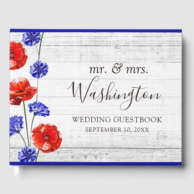 Red Poppy & Cornflower Rustic Wood Floral Wedding Guest Book (Front)