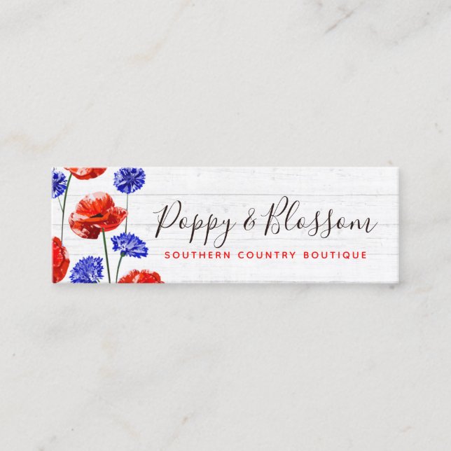 Red Poppy & Cornflower Rustic Wood Social Media Mini Business Card (Front)