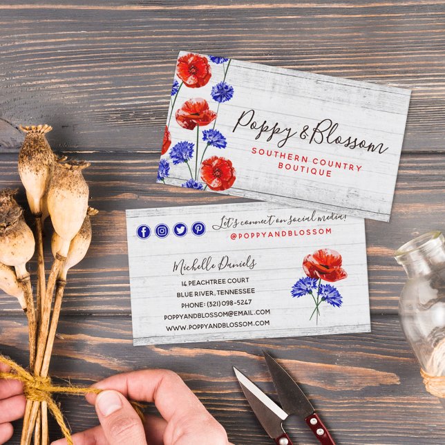 Red Poppy & Cornflower Rustic Wood Social Network Business Card (Creator Uploaded)