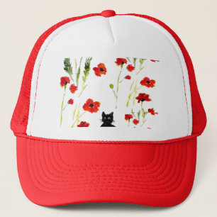 Red Poppy Cute Cat Trucker Hat