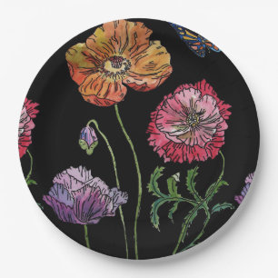 Red Poppy dark Flowers Pattern Paper Party Plate