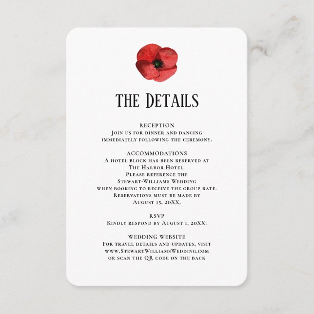 Red Poppy Details Reception Information Wedding  Enclosure Card (Front)