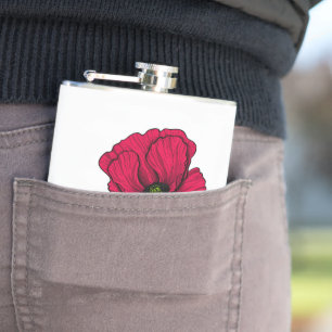 Red poppy drawing hip flask