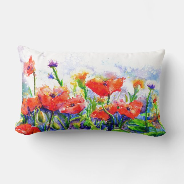 Red Poppy Fields -watercolor floral painting Lumbar Cushion (Front)