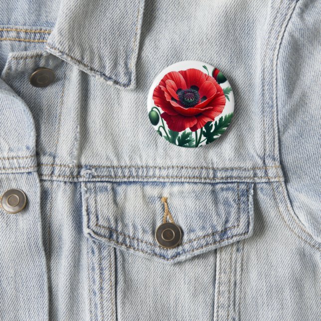 Red Poppy Floral 6 Cm Round Badge (In Situ)