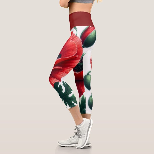 Red Poppy Floral Capri Leggings (Left)