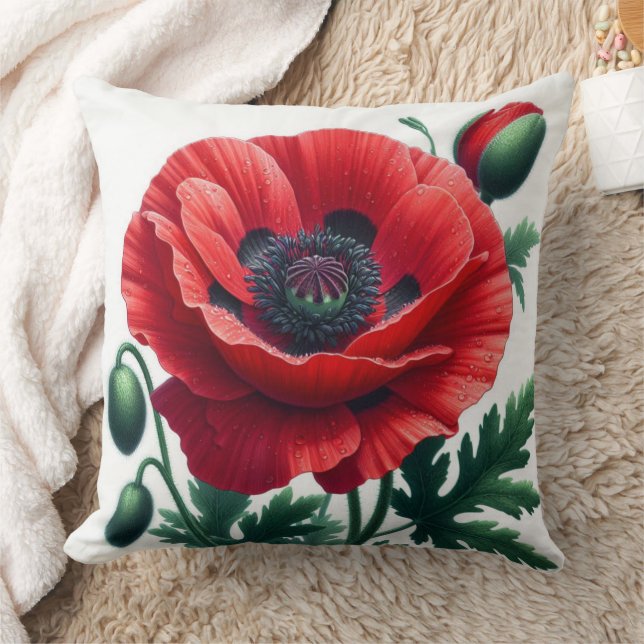 Red Poppy Floral Cushion (Blanket)