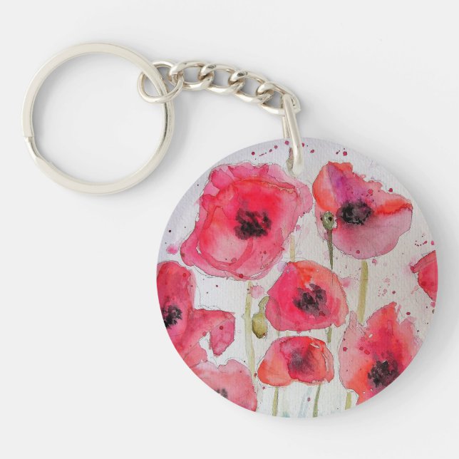 Red Poppy floral Flower Pattern Paper Party Plate Key Ring (Front)