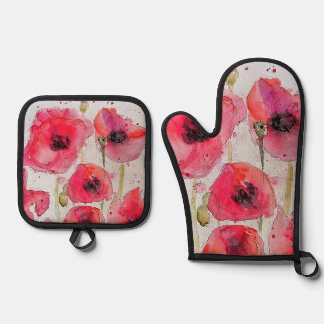 Red Poppy floral Flower Pattern Paper Party Plate Oven Mitt & Pot Holder Set (Front)