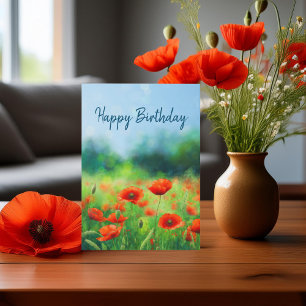 Red Poppy Floral Folded Happy Birthday Card