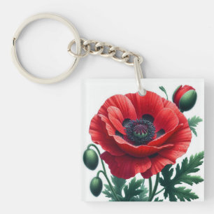 Red Poppy Floral Key Ring