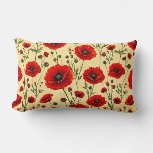 Red Poppy Floral Pattern Lumbar Cushion