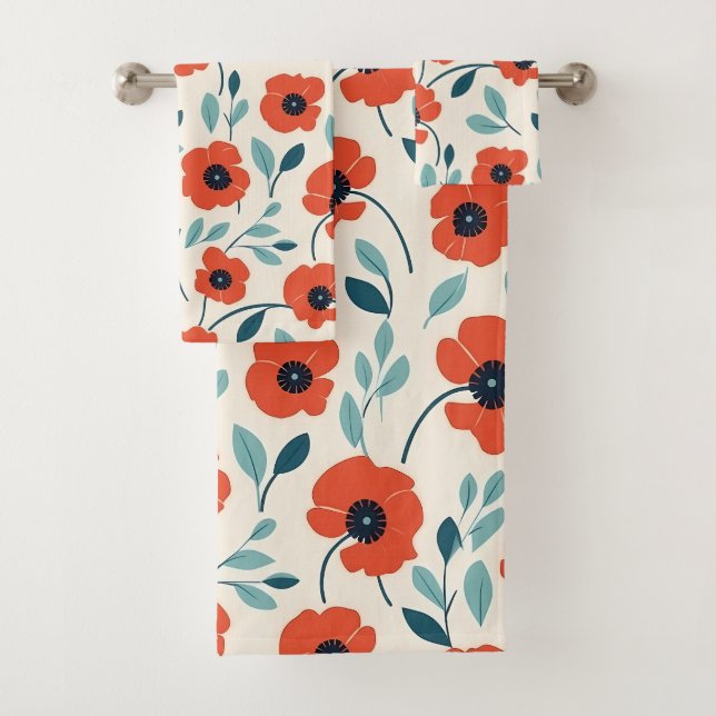Red Poppy Floral Print Seamless Pattern Bath Towel Set (Insitu)
