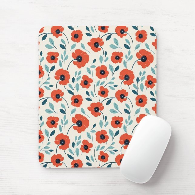 Red Poppy Floral Print Seamless Pattern Mouse Pad (With Mouse)