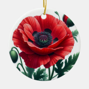 Red Poppy Floral Remembrance  Ceramic Ornament