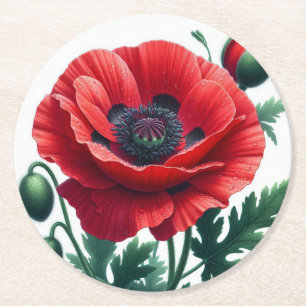 Red Poppy Floral Round Paper Coaster