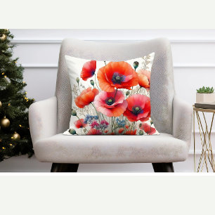 Red Poppy Floral Throw Pillow Garden Decor
