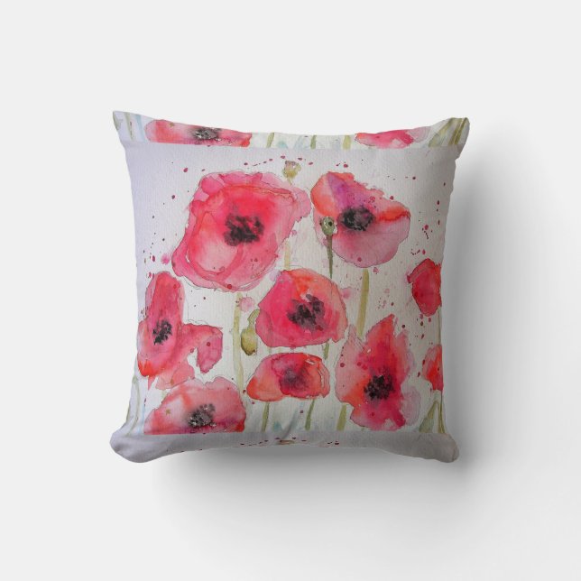 Red Poppy Floral Watercolor Cushion (Front)