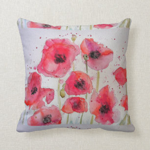 Red Poppy Floral Watercolor Cushion