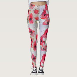 Red Poppy Floral Watercolor Leggings