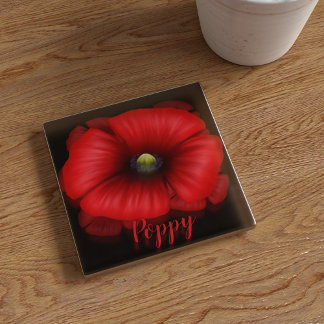 Red Poppy Flower Art Personalised Glass Coaster