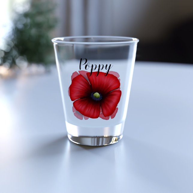 Red Poppy Flower Art Personalised Shot Glass (A pretty poppy shot glass perfect for your name!)