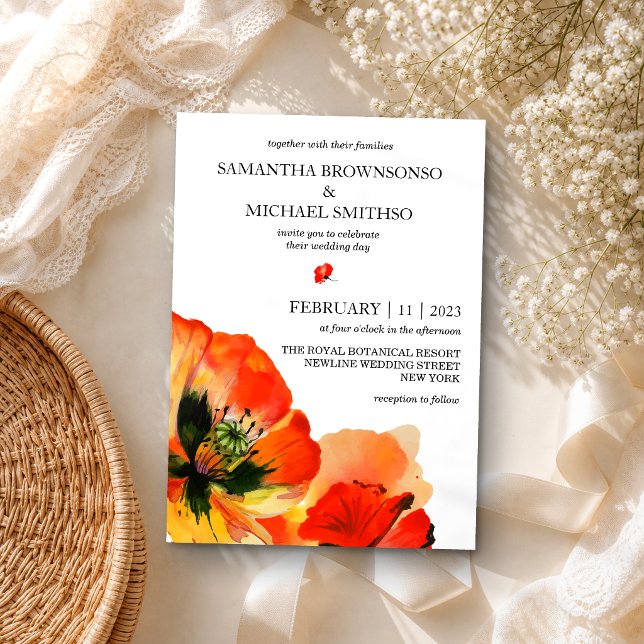 Red Poppy Flower Botanical Summer Wedding Invitation (Creator Uploaded)