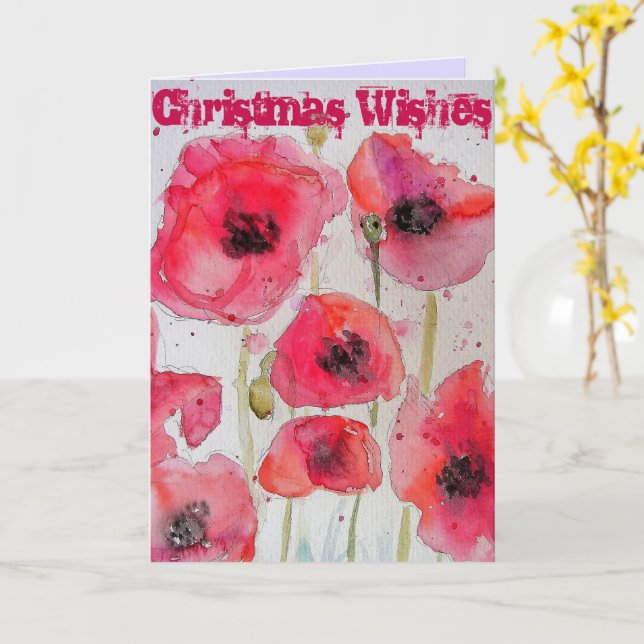 Red Poppy Flower Christmas Watercolour Art Card (Yellow Flower)