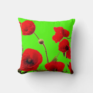 Red Poppy Flower Colourful Bright Neon Green Flora Cushion