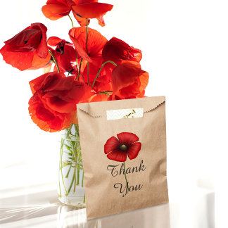 Red Poppy Flower Elegant Thank You Kraft Favour Bag