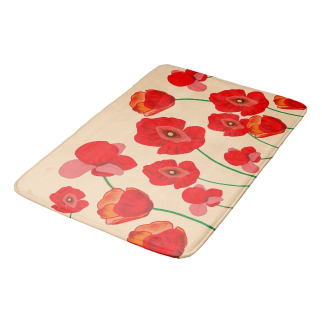 Red Poppy Flower Field on beige background  Bath Mat (Angled)