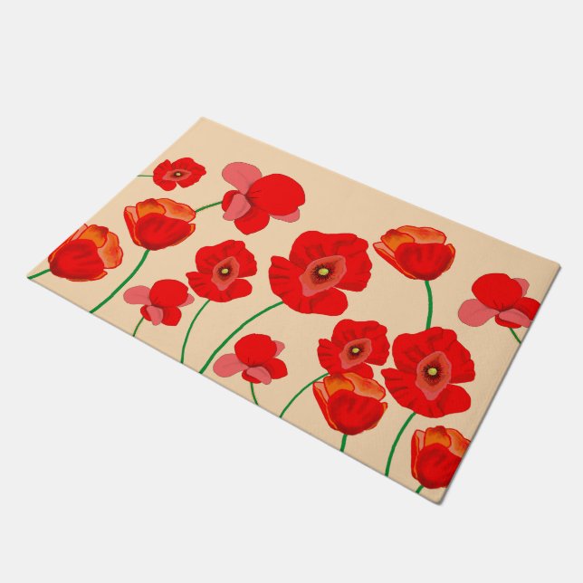 Red Poppy Flower Field on beige background Doormat (Angled)