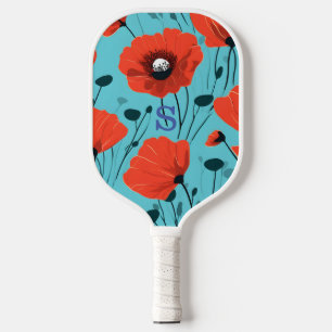 Red Poppy Flower Garden Monogram Name Pickleball Paddle