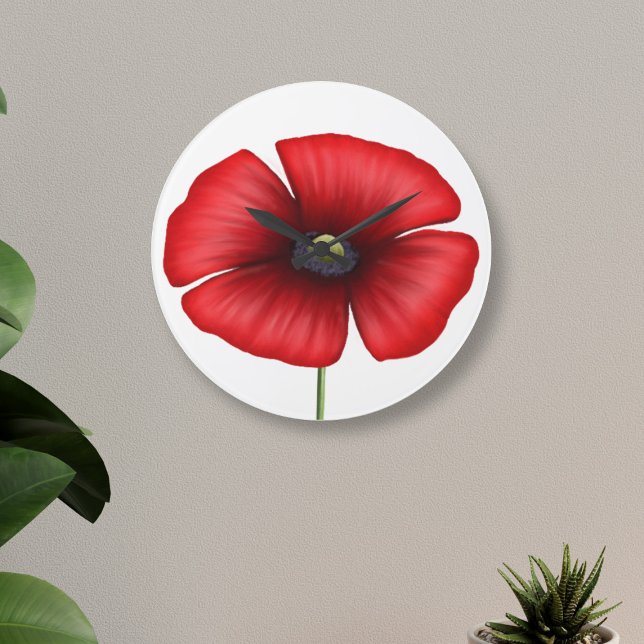 Red Poppy Flower Modern Floral Round Wall Clock  (A bold and bright red poppy clock that will look lovely on your wall)