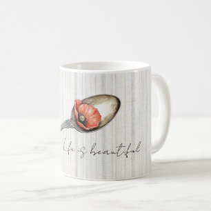 Red Poppy Flower on Spoon Grey Cream White Stripes Coffee Mug