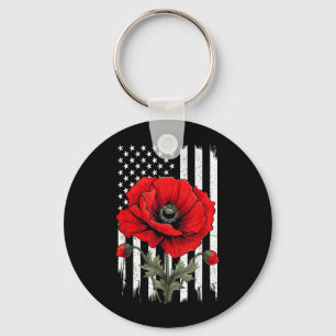 Red Poppy Flower Patriotic Flag USA Memorial Day Key Ring