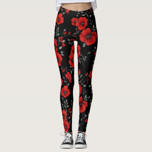 Red Poppy Flower Pattern Leggings