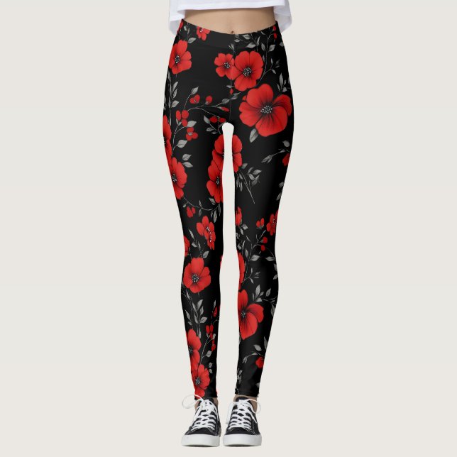 Red Poppy Flower Pattern Leggings (Front)