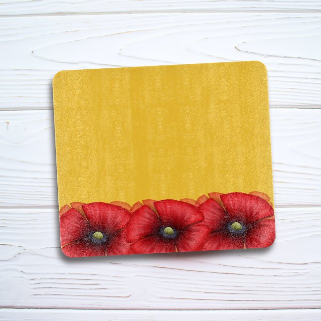 Red Poppy Flower Pattern on Yellow Mustard Cutting Board (A bright mustard yellow cutting board with a line of red poppy flowers.)