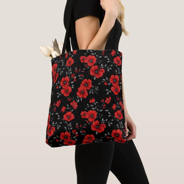 Red Poppy Flower Pattern Tote Bag (Close Up)