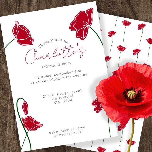 Red Poppy Flower Personalised Party Invitation (Red Poppy Flower Personalized Party Invitation by Ricaso. Ideal for occasions including birthdays)