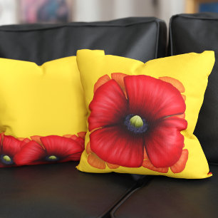 Red Poppy Flower Sunshine Yellow Throw Pillow